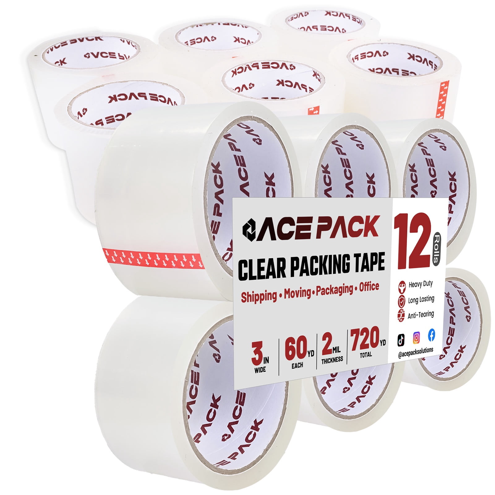 Ace Pack 3" Wide x 60 Yards Per Roll, 2.0 Mil Thick Heavy Duty Clear Packing Tape Sealing Tape Shipping Tape 12 Rolls