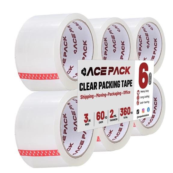 Ace Pack 3" Wide x 60 Yards Per Roll, 2.0 Mil Thick Heavy Duty Clear Packing Tape Sealing Tape Shipping Tape 6 Rolls