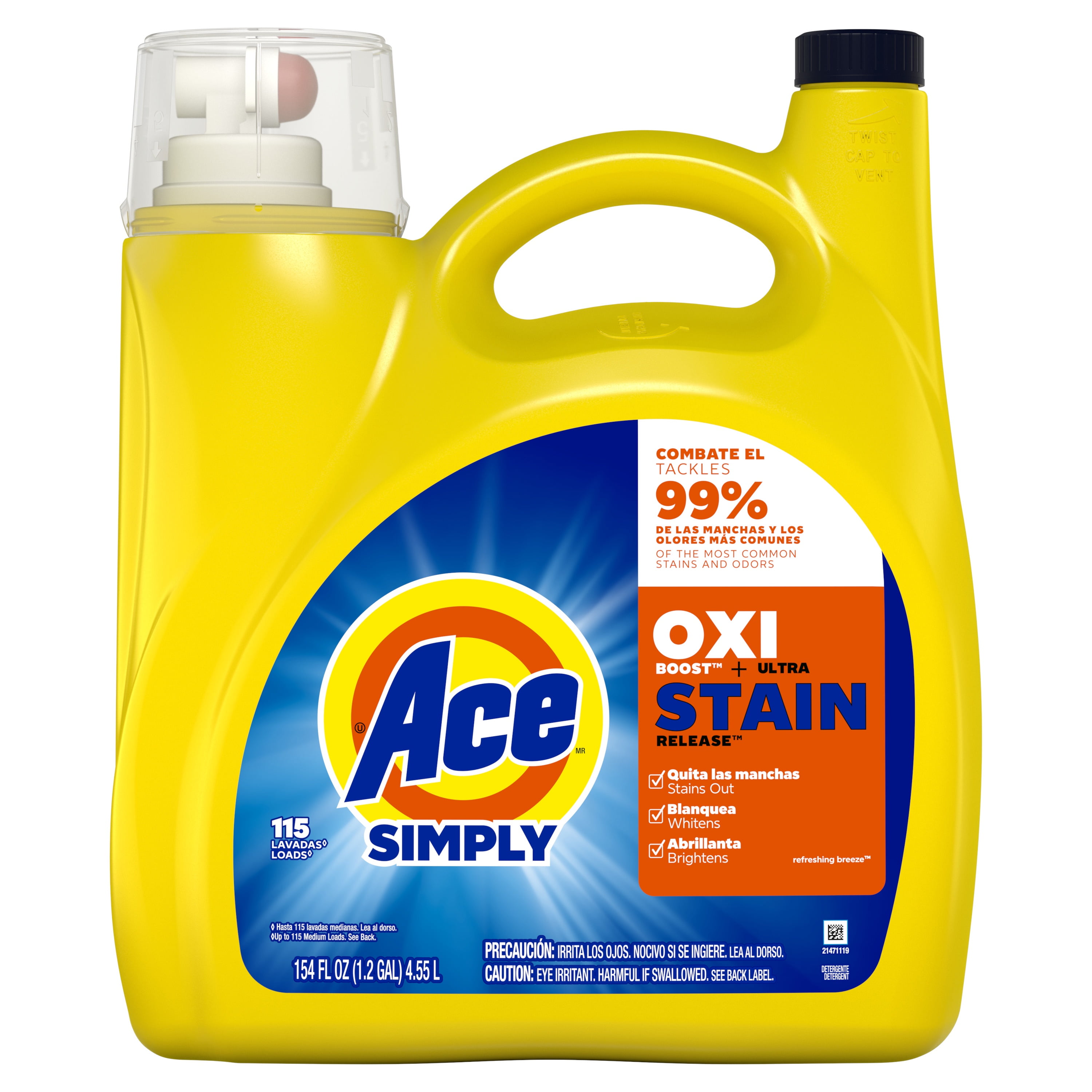 Ace Simply Oxi Boost + Ultra Stain Release Liquid Laundry Detergent, Refreshing Breeze Scent, 154 fl oz, 115 Loads