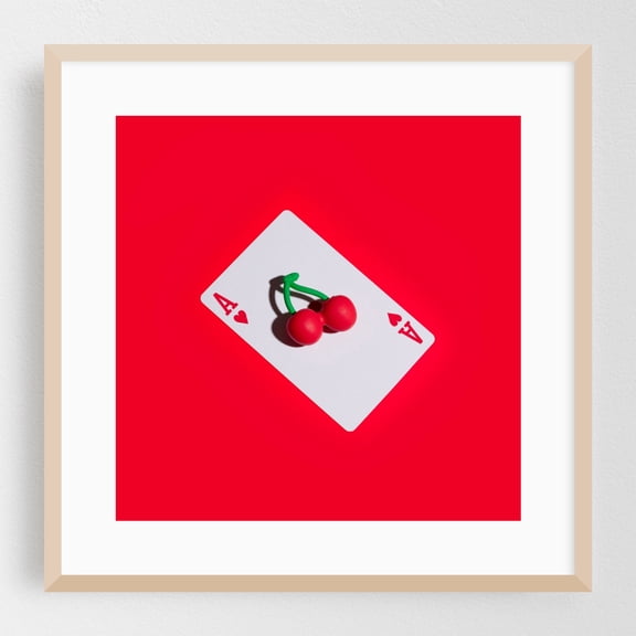 Ace of Cherries - Photography Pop Art Minimalist Modern Art Surrealism Oak Framed Wall Art Print 8 x 8 inches