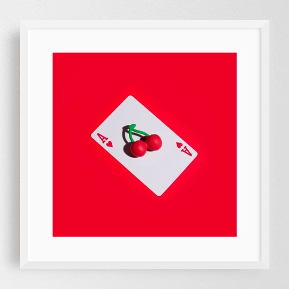 Ace of Cherries - Photography Pop Art Minimalist Modern Art Surrealism White Framed Wall Art Print 10 x 10 inches