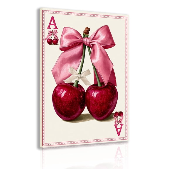"Ace of Hearts" Canvas Wall Art: Sweet Cherries & Bows (Framed) — Pink Bow Preppy-Style Poster — Whimsical, Girly Room Decor