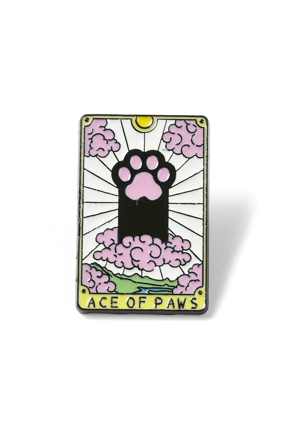 Ace of Paws Tarot Card with Cat Enamel Pins Black Alloy Badge for Women Pearl Pink 29x18.5x1.5mm