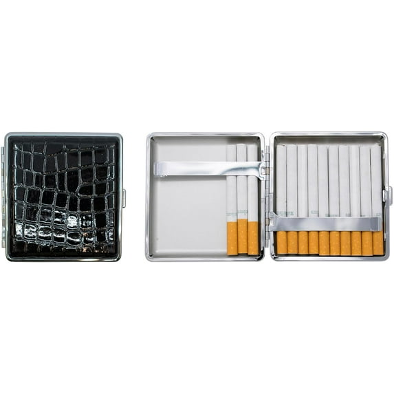 Set of 2 Metal-Plated King Size Leather Cigarette Case & Stash Box (Crocodile Black)