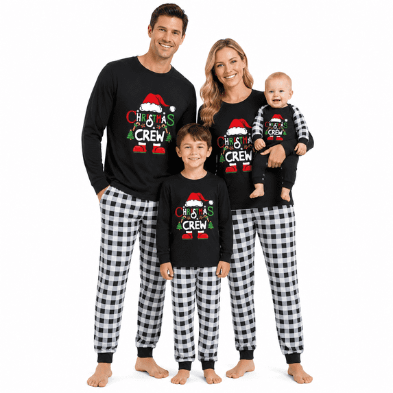 AceBaby Family Matching Christmas Pajamas Set Letter Print Tops Plaid Pants Holiday Pajamas Sleepwear PJs