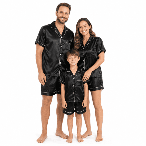 AceBaby Family Matching Pajamas Set 100% Cotton Contrast Trim Short Sleeve Lapel Tops and Shorts Satin Sleepwear