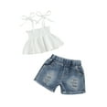 thumbnail image 1 of AceBaby Kids Baby Girls Summer Outfits, 12M-5T Tie-up Pleated Camisole and  Denim Shorts 2Pcs Clothes Set, 1 of 9