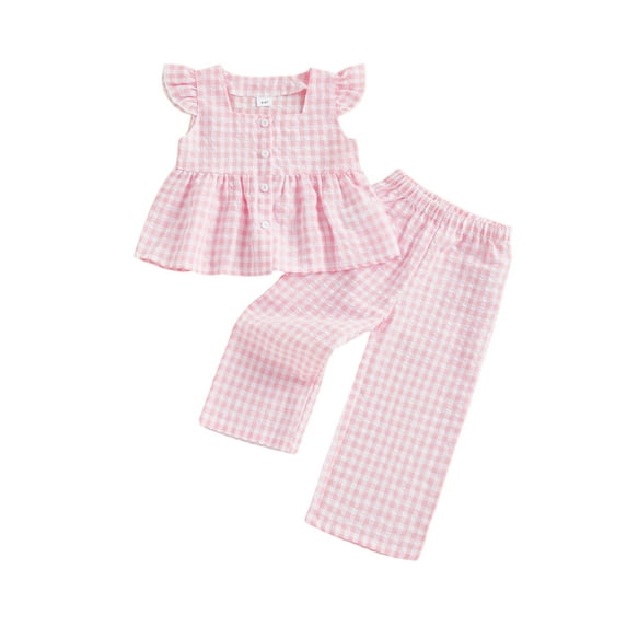 AceBaby Little Girls Clothes Set 12M-5T Flying Sleeve A-line Plaid Tops and Pants 2Pcs Kids Summer Outfits