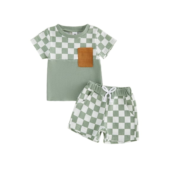 AceBaby Toddler Baby Boys Summer Waffle Outfits 3M-5Y Checkerboard Print 2Pcs Short Clothes Set