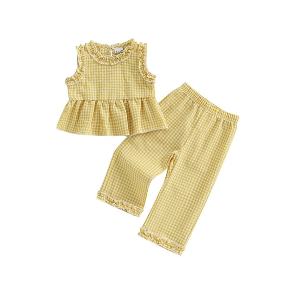 AceBaby Toddler Baby Girl Clothes Set 6M-4T Plaid Frill Trim Sleeveless Ruffle Tank Tops and Elastic Waist Pants 2Pcs Summer Outfit