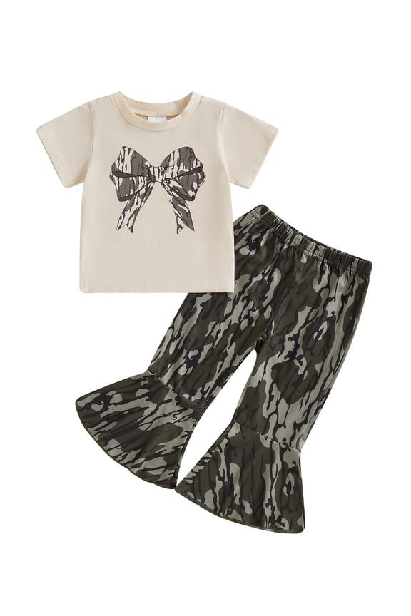 Toddler Baby Girl Summer Clothes Set 6M-4T Bow Print Short Sleeve T-Shirt and Flare Pants 2Pcs Spring Outfits