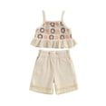 thumbnail image 1 of AceBaby Toddler Baby Girl Summer Outfit,6M-4T Floral Design Ruffled Trim Sleeveless Tank Tops and Tassel Shorts 2Pcs Set, 1 of 9
