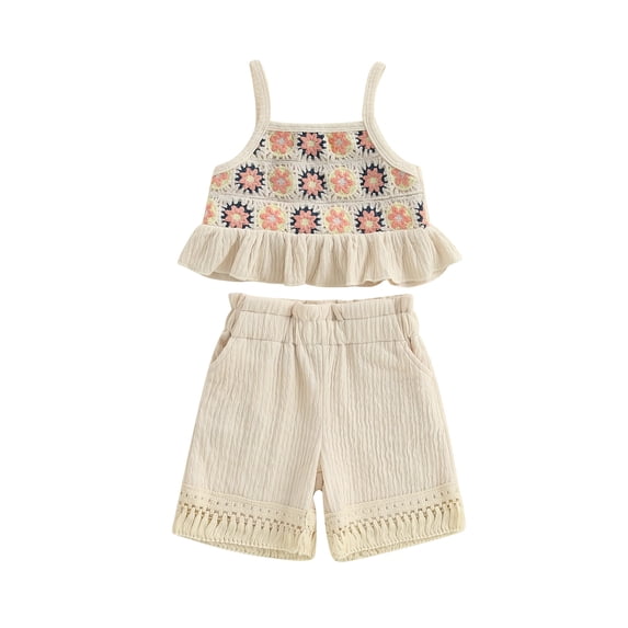 AceBaby Toddler Baby Girl Summer Outfit,6M-4T Floral Design Ruffled Trim Sleeveless Tank Tops and Tassel Shorts 2Pcs Set