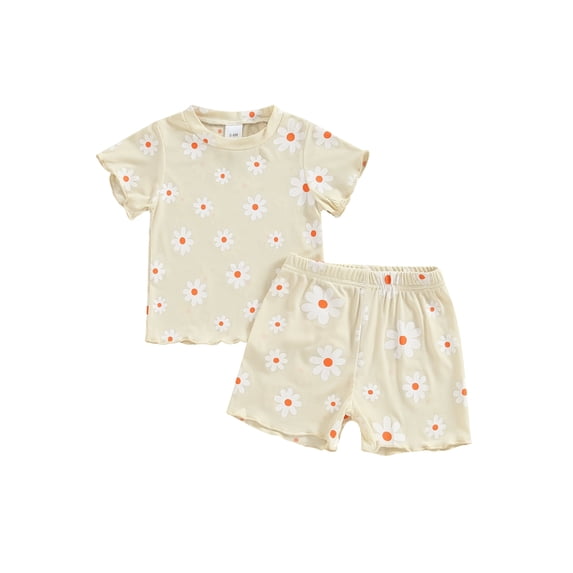 AceBaby Toddler Baby Girl Summer Outfit Daisy Print T-Shirt and Short 2Pcs Clothes Set for Kids at 0-5Y