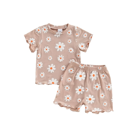 AceBaby Toddler Baby Girl Summer Outfit Daisy Print T-Shirt and Short 2Pcs Clothes Set for Kids at 0-5Y