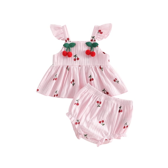 AceBaby Toddler Baby Girl Summer Outfits Cherry Print Top and Shorts 2Pcs Clothes,Size 3-24M