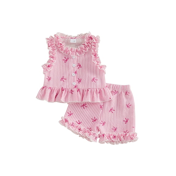 AceBaby Toddler Baby Girl Summer Outfits Sleeveless Bow Stripes Print Ruffle Tops and Shorts Set,Size 6M-4T