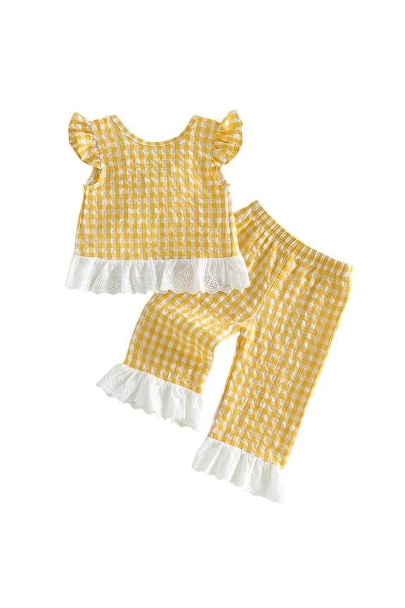 Toddler Baby Girls Clothes Set 0-3T Flying Sleeve Plaid Print Vest Tops and Pants 2Pcs Summer Outfits