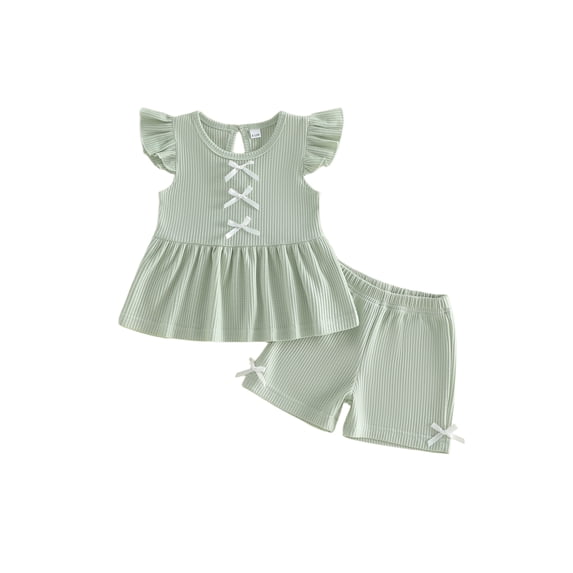AceBaby Toddler Baby Girls Summer Outfits, 6M-5TRuffled Sleeve Bow T-Shirt and Shorts 2Pcs Set Clothes