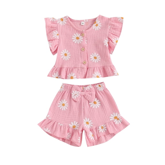 AceBaby Toddler Baby Girls Summer Outfits Floral Print Tops and Shorts 2Pcs Clothes,Size 6M-4T