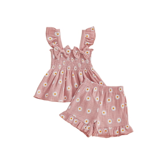 AceBaby Toddler Girl Outfits Daisy Print Ruffled Edges Tank Top with Shorts Summer 2Pcs Clothes Set,Size 6M-5T
