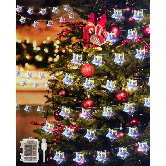 AceList 50 LED Iridescent Decor 10Ft Star String Lights USB/Battery Operated String Lights Indoor/Outdoor, Holographic Decor for Christmas Birthday Party Tent(White) Y101