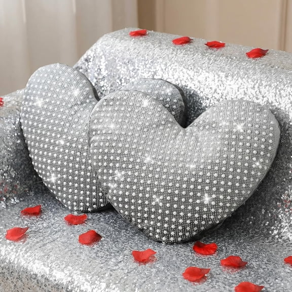 AceOrbit 2 Pcs Rhinestones Heart Pillows with Sparkles Crystal Pearls on Velvet Throw Pillow Silver Glitter Heart Cushion for Wedding Decoration Bed Sofa Mom Birthday Gifts, 13.8 x 11.8 Inch A101