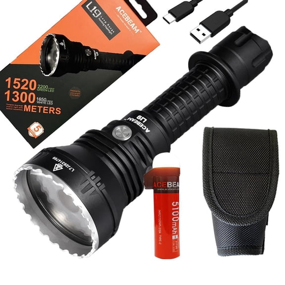 Acebeam L19 PM1 WHITE LED Flashlight -1650 Lumens 1300 meter throw w/ Free 20A 21700 battery and EDC Bulb