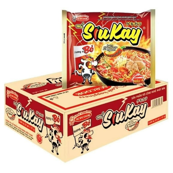 Acecook SiuKay Instant Noodles 127g - Spicy Beef Flavor, Extra Hot Chili Broth (Pack of 24)