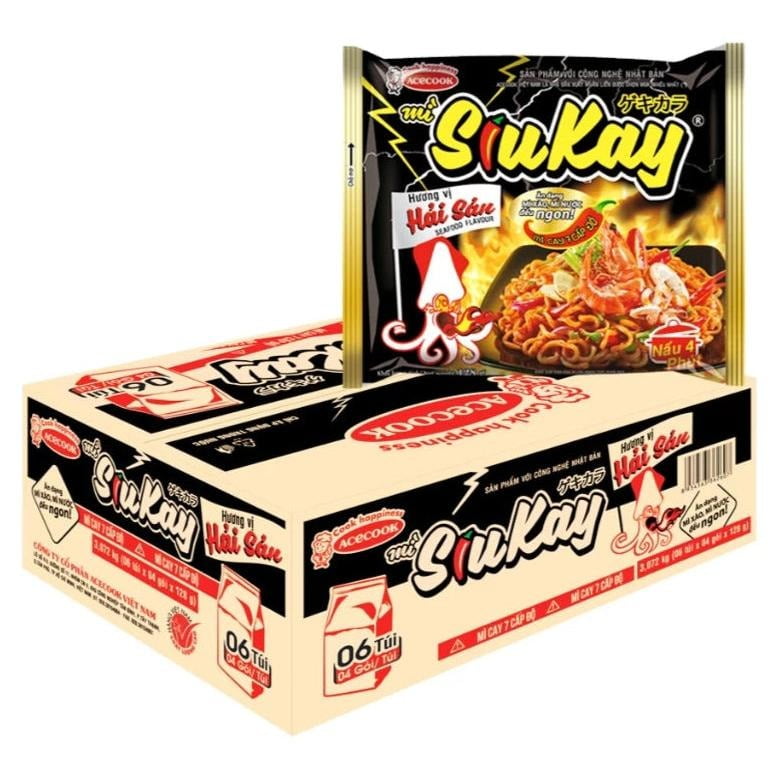 Acecook SiuKay Instant Noodles 24 ct – Spicy Seafood Flavor, Extra Hot & Bold Broth, 80g
