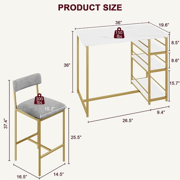 Acekid 1+2 Set Dining Table Kitchen Table with 2 Upholstered Bar Chairs 3 Large Storage Shelves Kitchen Bar Table Set Golden