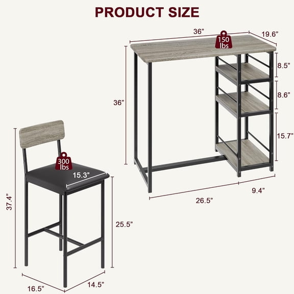 Acekid 1+2 Set Dining Table Kitchen Table with 2 Upholstered Bar Chairs 3 Large Storage Shelves Kitchen Bar Table Set Grey