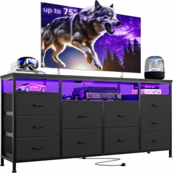 Acekid 10-Drawer Dresser, 63" Wide TV Stand with USB Ports & LED Lighting, Storage Unit for 65/70/75 Inch TVs, Black Leather