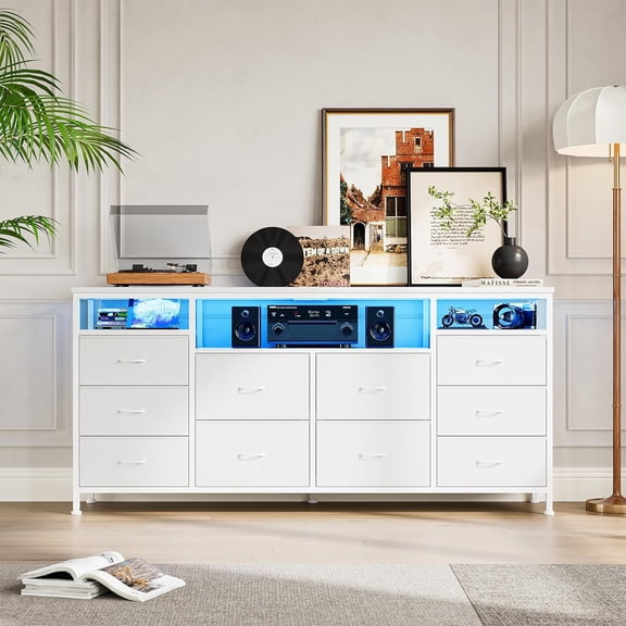 Acekid 10-Drawer Dresser, 63" Wide TV Stand with USB Ports & LED Lighting, Storage Unit for 65/70/75 Inch TVs, White Leather