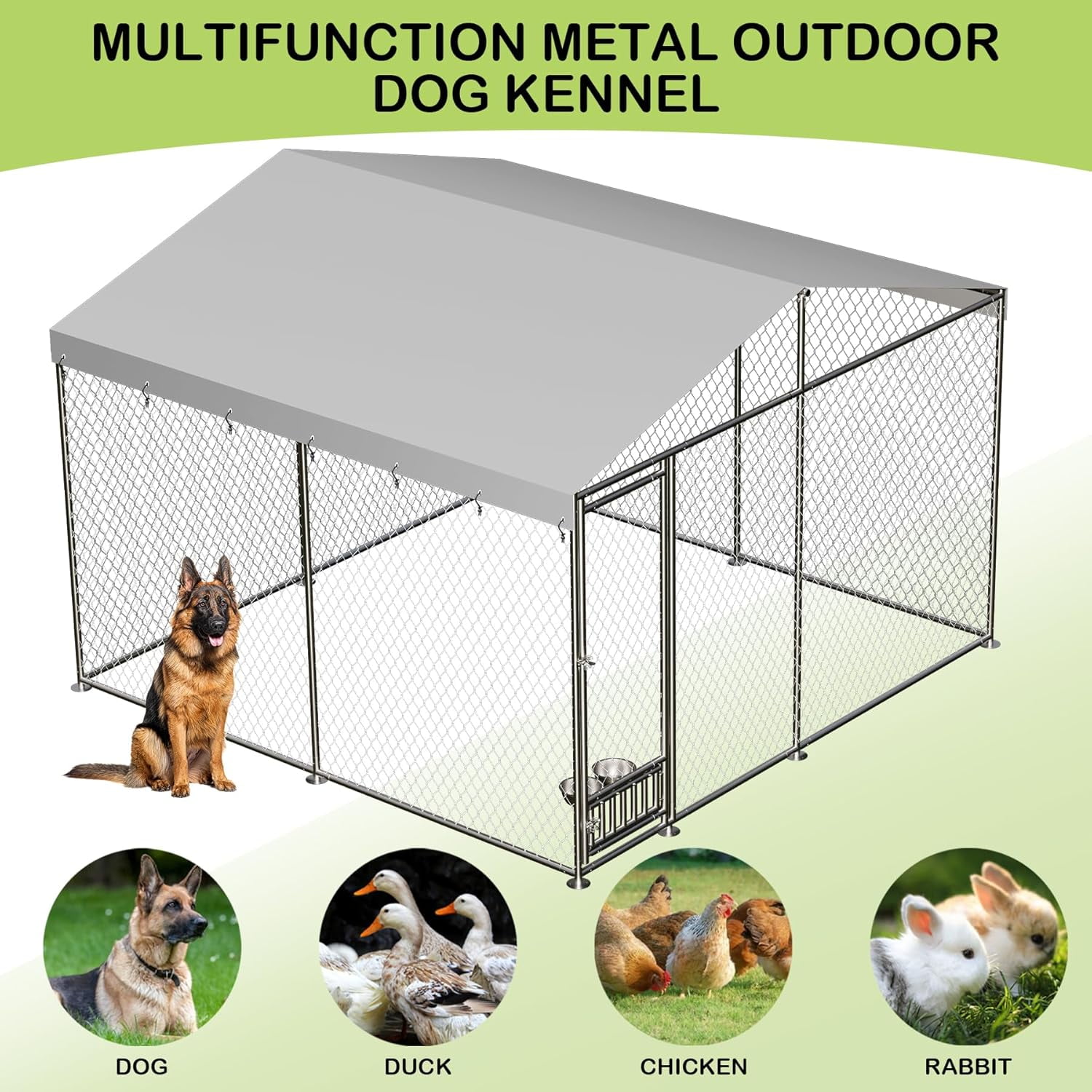 Acekid 10x10 FT Outdoor Dog Kennel, Large Dog House Playpen for Backyard, Heavy Duty Chain Link Metal Dog Cage with Waterproof Cover Roof & Lockable Door
