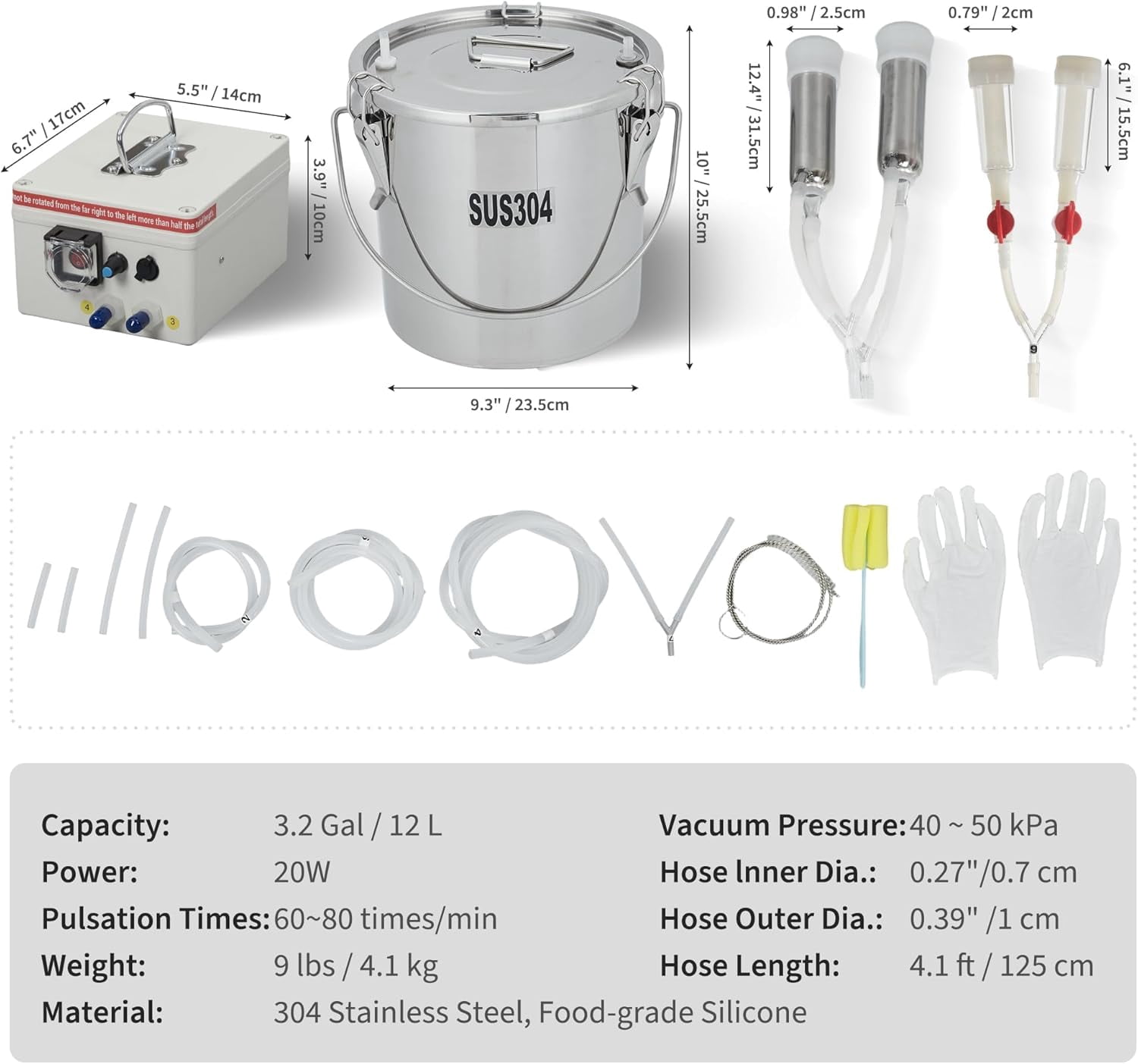 Acekid 12L Goat Electric Milking Machine, Portable Automatic Breast Pump with 2 Teat Cups & Stainless Steel Bucket