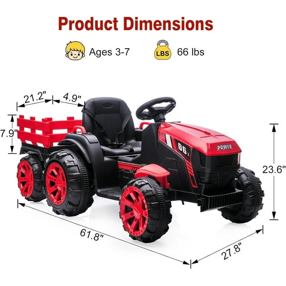 Acekid 12V 7AH Ride On Tractor with Remote Control Battery Powered Electric Tractor with Detachable Trailer Dual 35W Motors Red