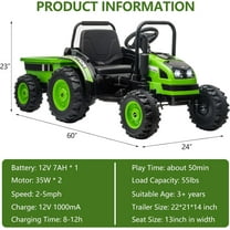 Acekid 12V Electric Ride on Tractor with RC Dump Trailer 35w Dual Motors Parent Remote Control Safety Belt LED Lights Green