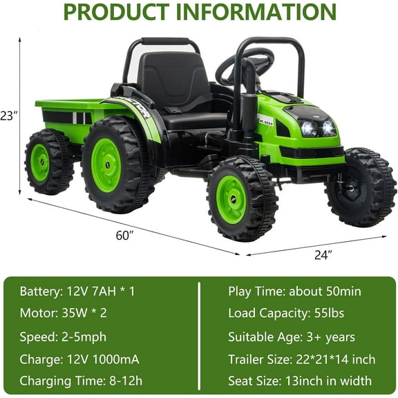 Acekid 12V Electric Ride on Tractor with RC Dump Trailer 35w Dual Motors Parent Remote Control Safety Belt LED Lights Green