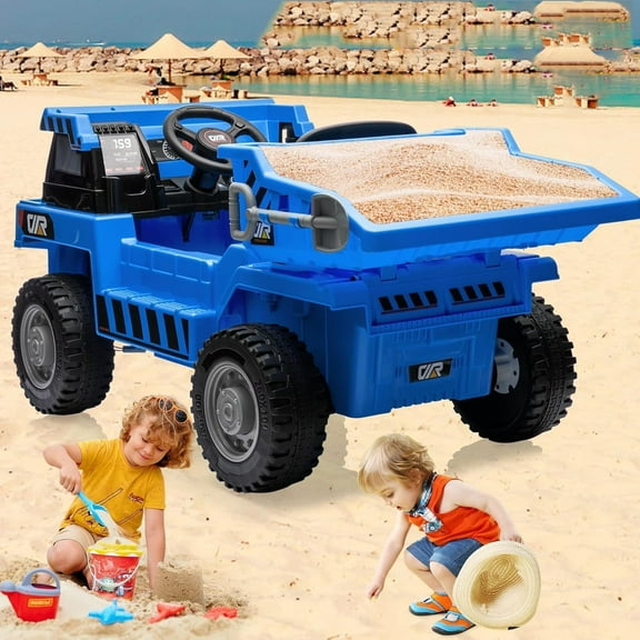 Acekid 12V Ride on Dump Truck for Kids 4-8 Years, 4WD Construction Vehicle with Remote Control, Electric Dump Bed & Shovel, Bluetooth Music, 2 Speeds, Blue