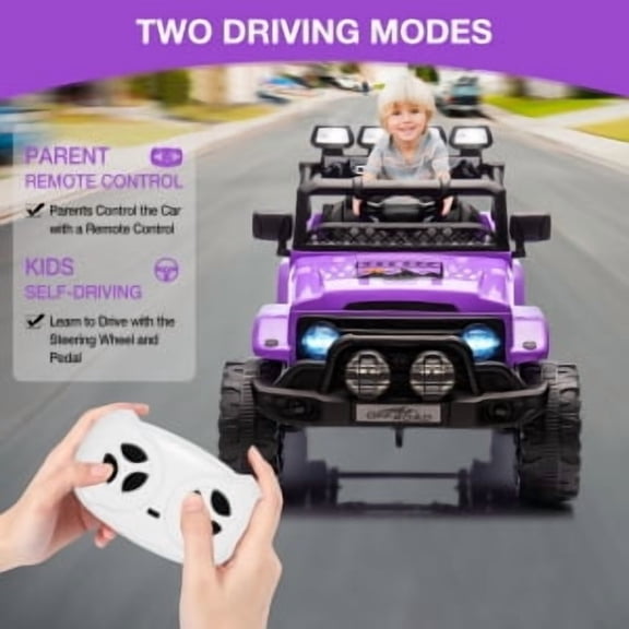 Acekid 12V Ride On Car Electric Truck with 5MPH Max Speed Remote Control Steering Wheel Accelerator Pedal Treaded Tires Music Purple