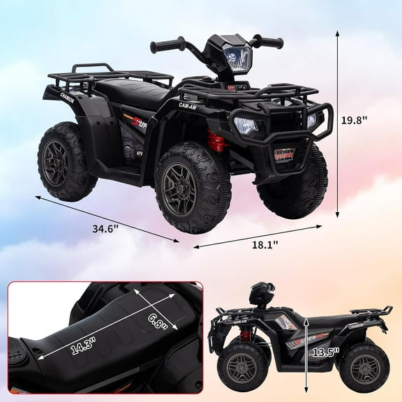 Acekid 12V Ride on ATV High/Low Variable Speed Ride on Electric Vehicle with LED Light Music USB 1.5-2.2mph Safety Speed Black