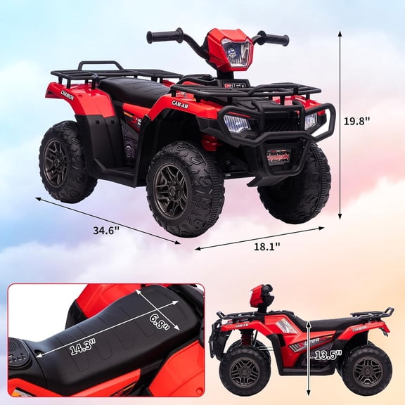 Acekid 12V Ride on ATV High/Low Variable Speed Ride on Electric Vehicle with LED Light Music USB 1.5-2.2mph Safety Speed Red