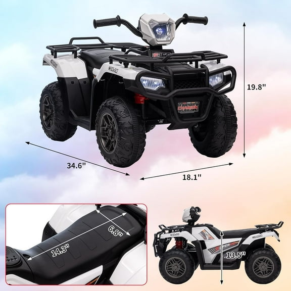 Acekid 12V Ride on ATV High/Low Variable Speed Ride on Electric Vehicle with LED Light Music USB 1.5-2.2mph Safety Speed White