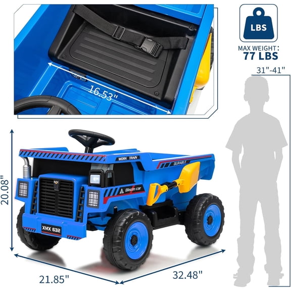 Acekid 12V Ride on Dump Truck Construction Vehicle Ride on Toy with Remote Control Electric Dump Bed Shovel with Spring Suspension Music Blue