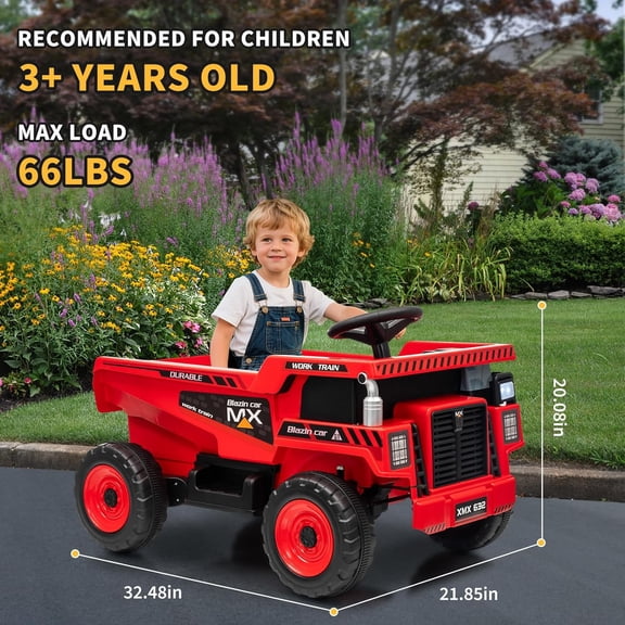 Acekid 12V Ride on Dump Truck Construction Vehicle Ride on Toy with Remote Control Electric Dump Bed Shovel with Spring Suspension Music Red