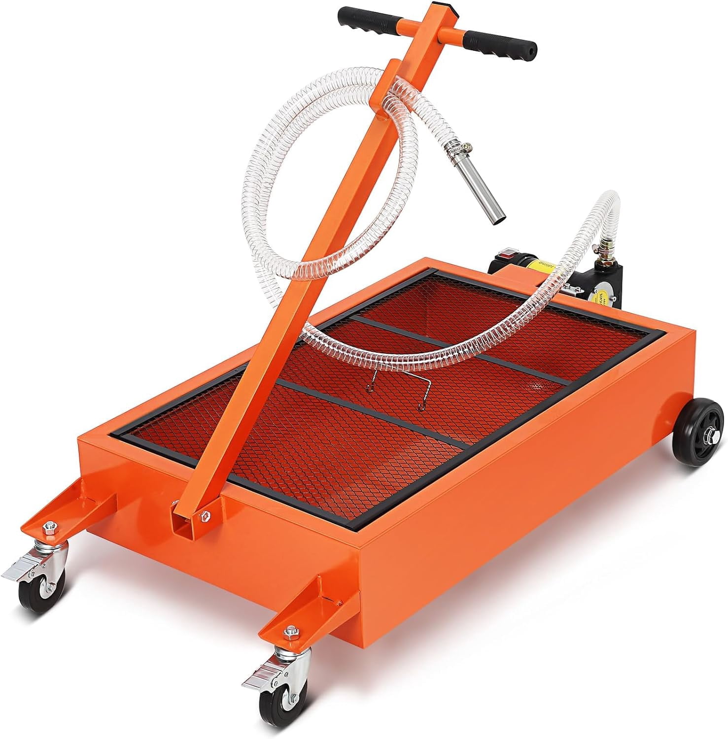 Acekid 15 Gallon Oil Drain Pan with Electric Pump, Metal Oil Change Cart with 8FT Hose & Folding Handle, Orange