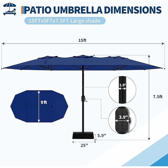 Acekid 15FT Outdoor Double-Sided Rectangle Umbrella - Large Patio Umbrella, Double-Topped Design, Blue