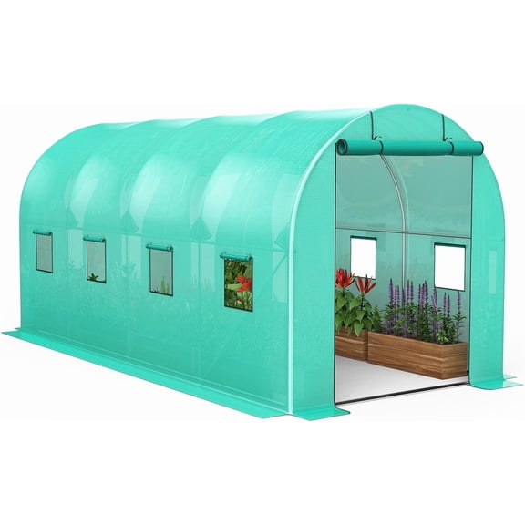 Acekid 15x7x7 Ft Walk-in Tunnel Greenhouse with Galvanized Steel Frame & 8 Mesh Windows, Weather-Resistant Outdoor Plant Hot House for Vegetables, Green