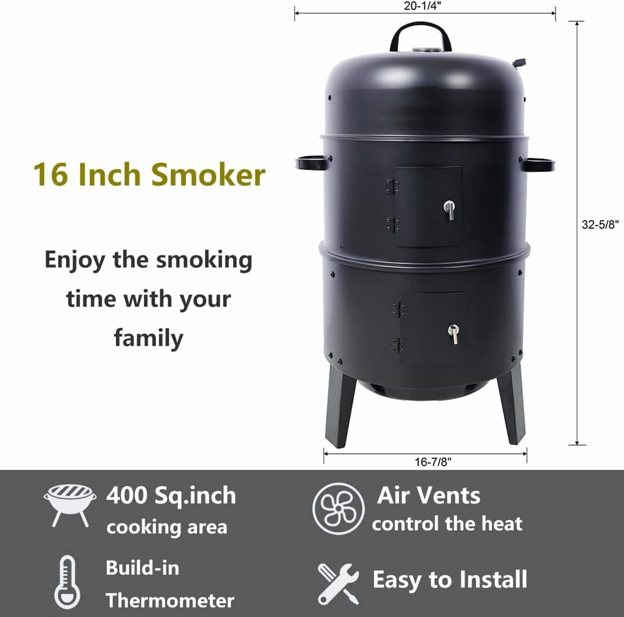 Acekid 16 inch Charcoal Smoker 3-in-1 Portable Heavy Duty Vertical BBQ Grill Meat Cooker Fire Pit with Built-in Thermometers Air Vent Black